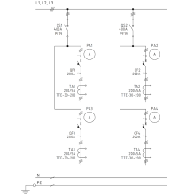 ВРУ. Линейная панель распределения щитов 0,4 кВ, 2 рубильника, 4 отходящие линии, измерение тока